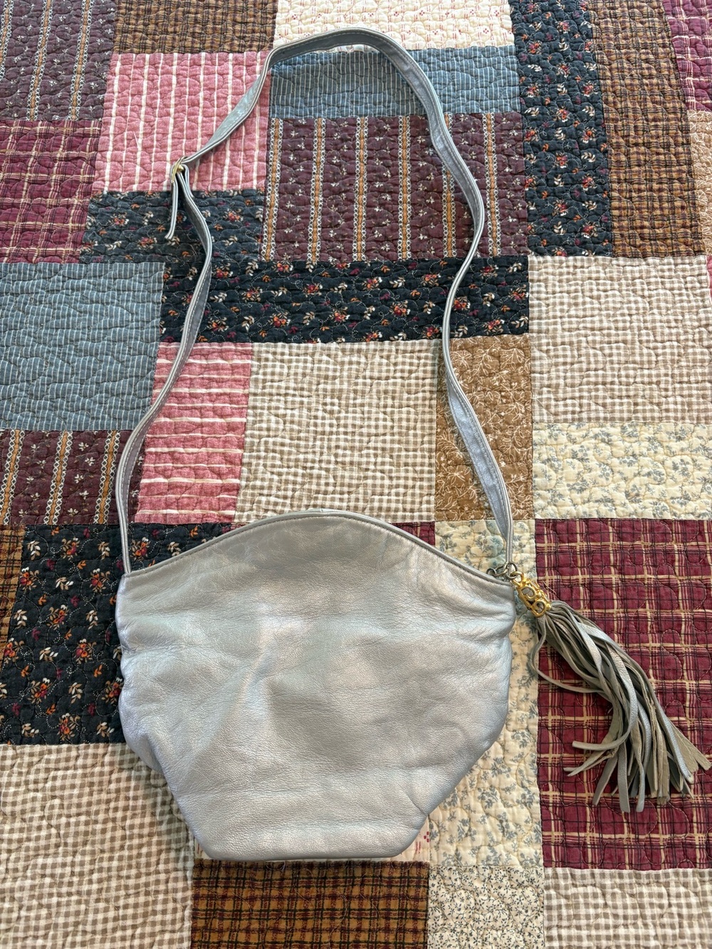 Women's Metallic Silver Leather Crossbody Bag with Tassel